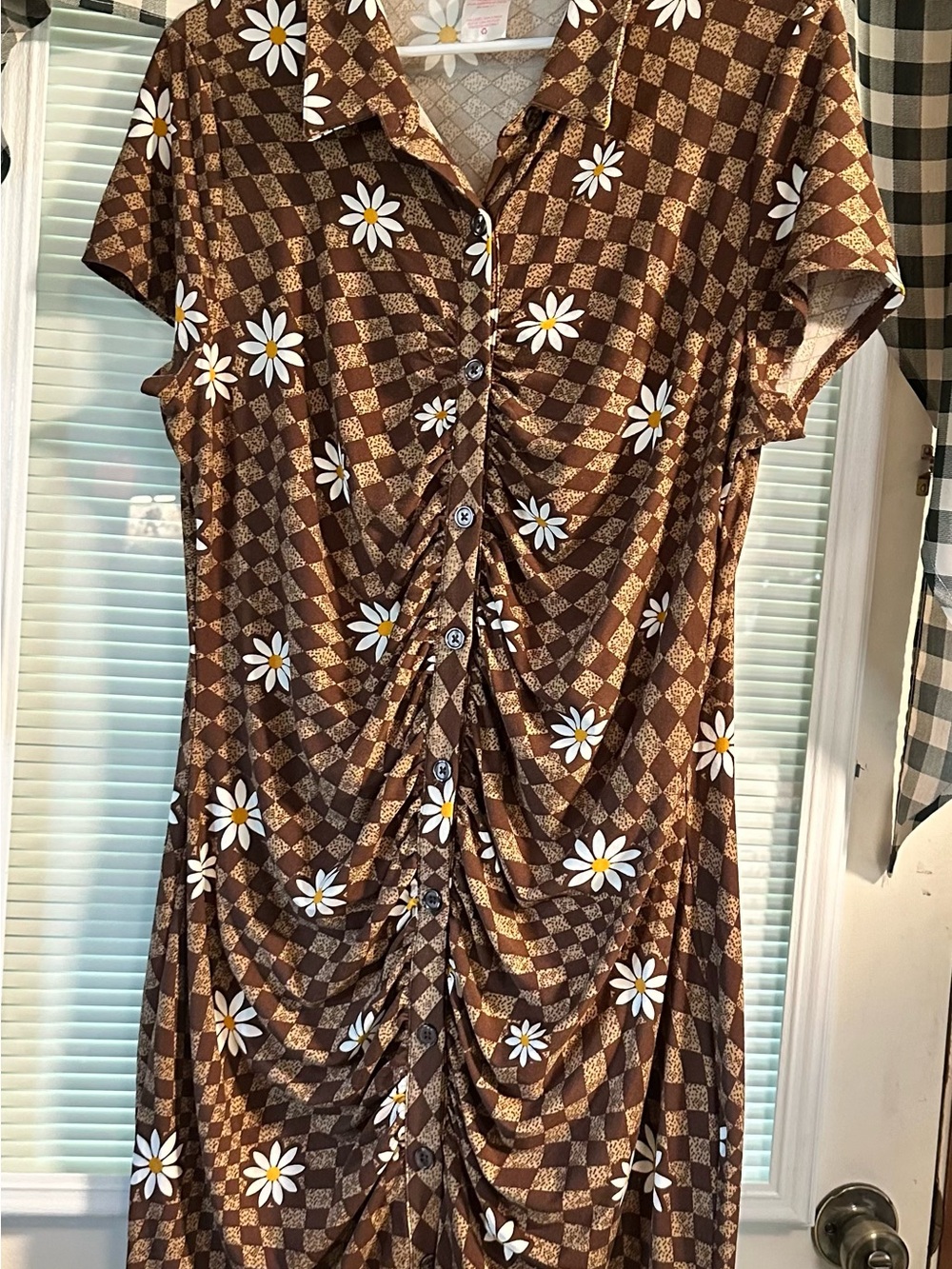 No Boundaries Brown Floral Check Ruched Button Dress